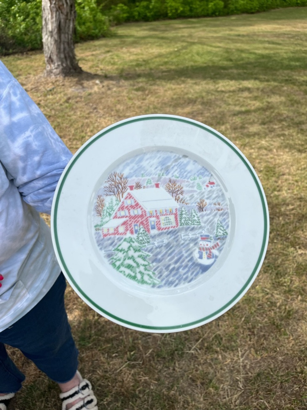 Holiday Winter Cottage Decorative Plate - Green Trim